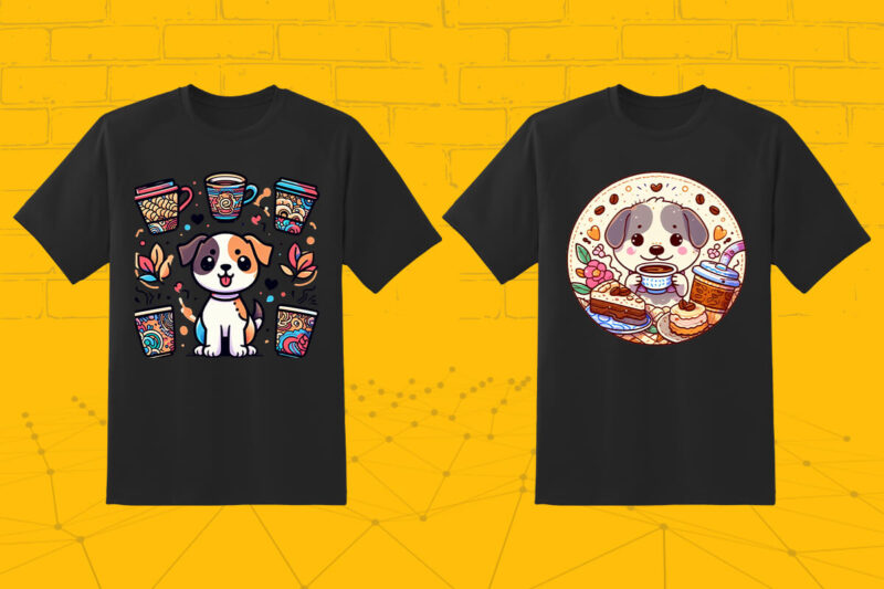 100 T-shirt Design Featuring Kawaii Coffee Lover Dog with Coffee lover vibes meticulously crafted for Print on Demand websites V.2