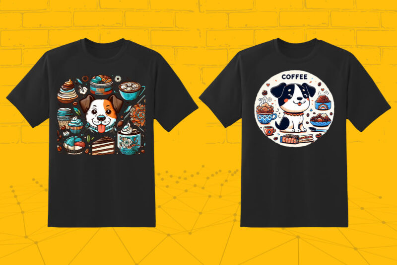 100 T-shirt Design Featuring Kawaii Coffee Lover Dog with Coffee lover vibes meticulously crafted for Print on Demand websites V.2