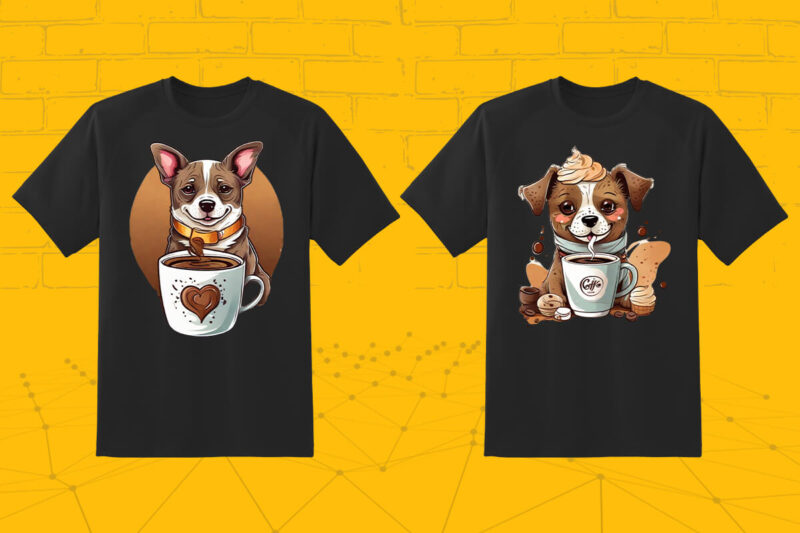 100 T-shirt Design Featuring Kawaii Coffee Lover Dog with Coffee lover vibes meticulously crafted for Print on Demand websites V.2