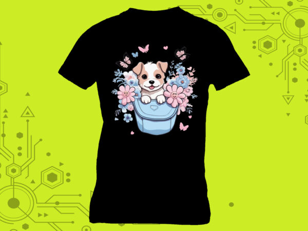 Fantasy baby dog in pocket illustration t-shirt design inspiration with dog illustration clipart