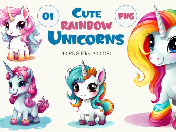 Cute rainbow unicorns 01. png bundle. t shirt vector file