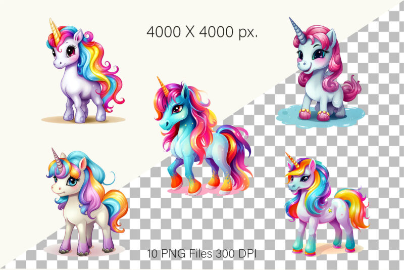 Cute rainbow unicorns 01. PNG Bundle.