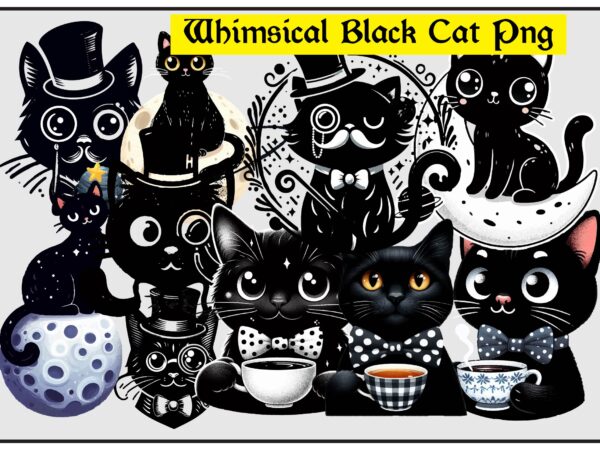 Whimsical black cat png sublimation t shirt design for sale