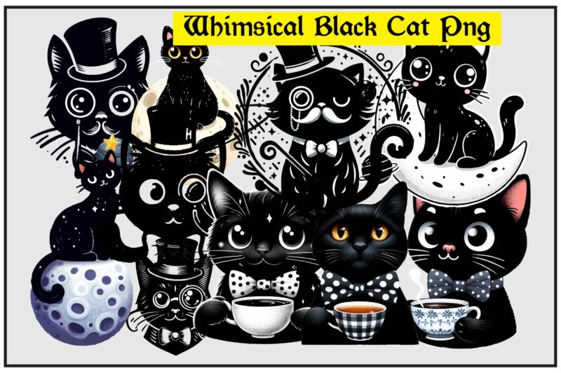 Whimsical Black Cat PNG Sublimation