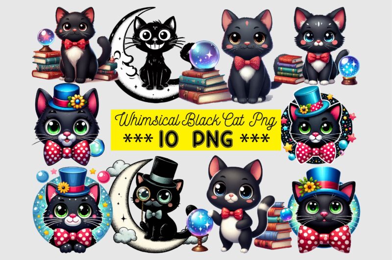 Whimsical Black Cat PNG Sublimation