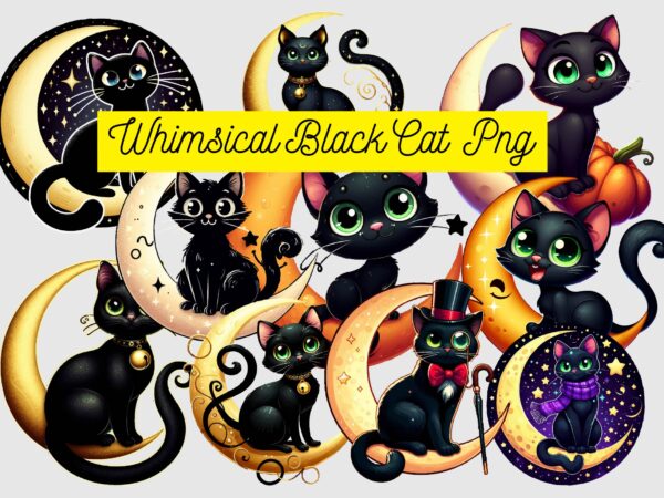 Whimsical black cat png sublimation t shirt design for sale