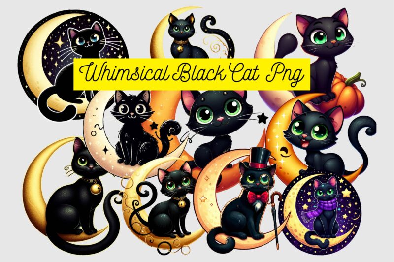 Whimsical Black Cat PNG Sublimation