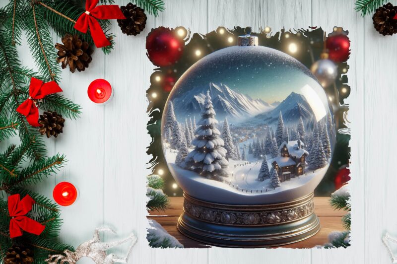 3D Snowy Landscape Globe Xmas Ornament PNG Sublimation