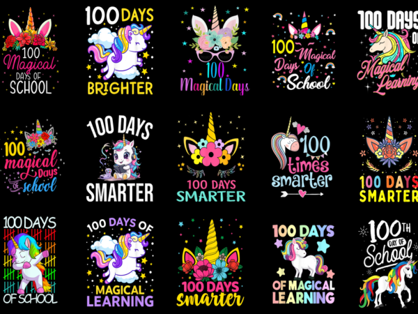 15 unicorn 100 days of school shirt designs bundle p1, unicorn 100 days of school t-shirt, unicorn 100 days of school png file, unicorn 100