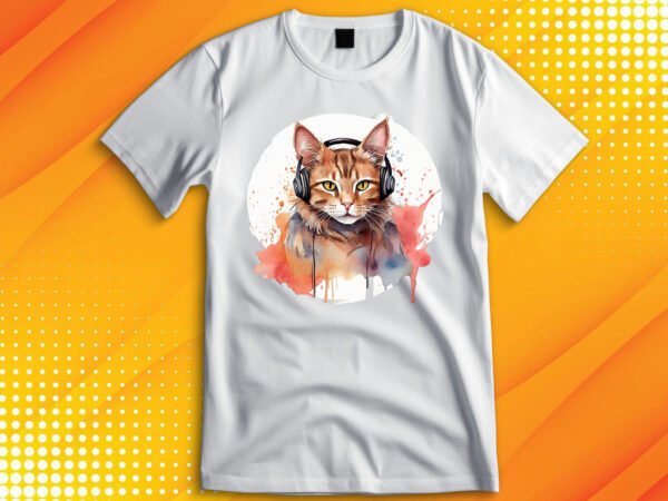 Watercolor cat listening a music t shirt design for sale