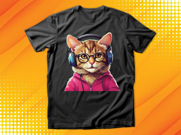 Cute cat wearing glasses and headset t shirt vector file