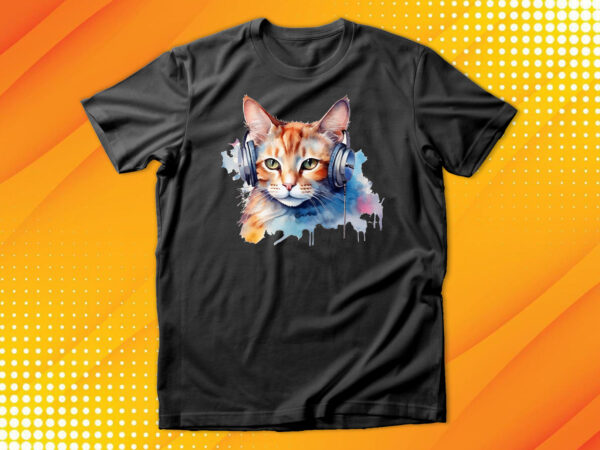 Watercolor cat listening a music t shirt design for sale