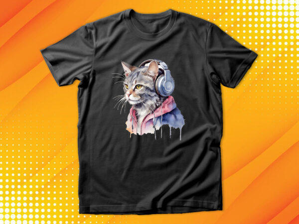 Watercolor cat listening a music t shirt design for sale