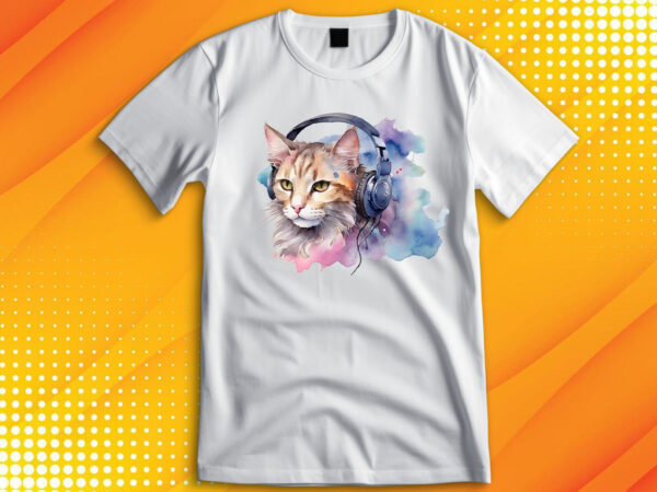 Watercolor cat listening a music t shirt design for sale