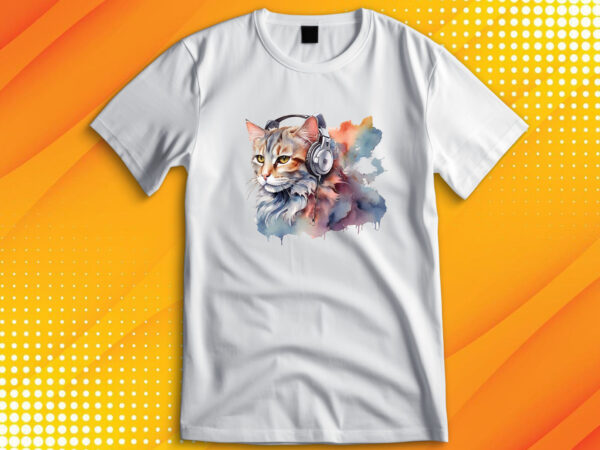 Watercolor cat listening a music t shirt design for sale