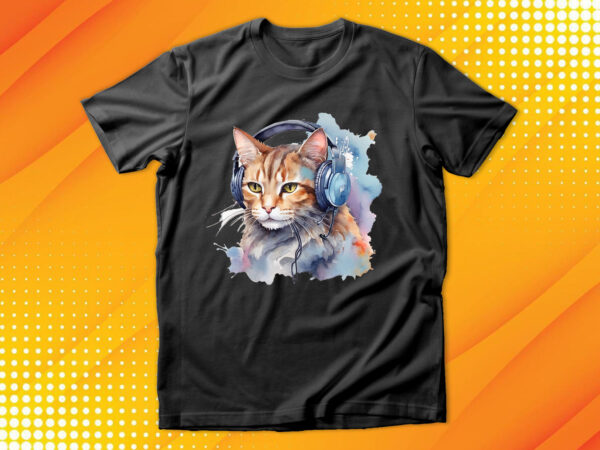 Watercolor cat listening a music t shirt design for sale