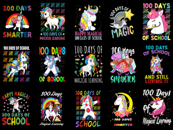 15 unicorn 100 days of school shirt designs bundle p15, unicorn 100 days of school t-shirt, unicorn 100 days of school png file, unicorn 100