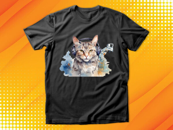 Watercolor cat listening a music t shirt design for sale