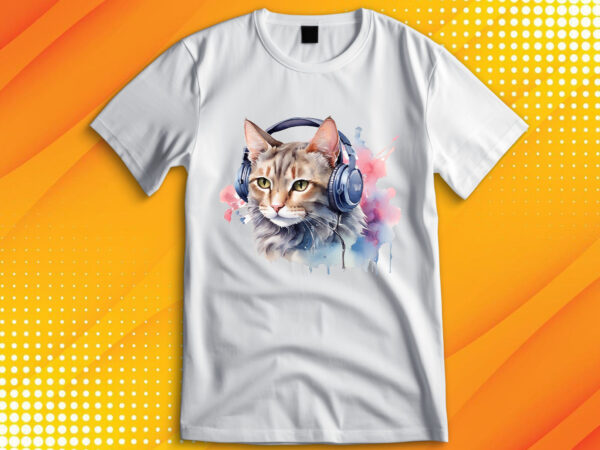 Watercolor cat listening a music t shirt design for sale