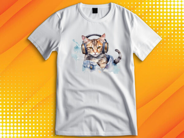 Watercolor cat listening a music t shirt design for sale