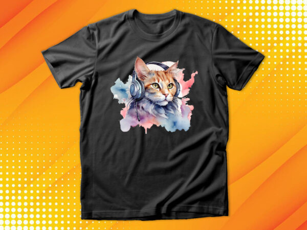 Watercolor cat listening a music t shirt design for sale