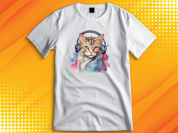 Watercolor cat listening a music t shirt design for sale