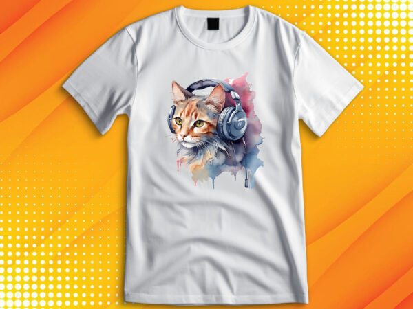 Watercolor cat listening a music t shirt design for sale