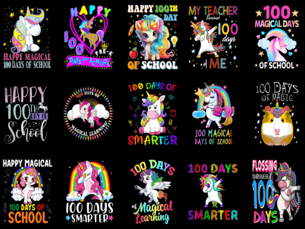 15 unicorn 100 days of school shirt designs bundle p16, unicorn 100 days of school t-shirt, unicorn 100 days of school png file, unicorn 100