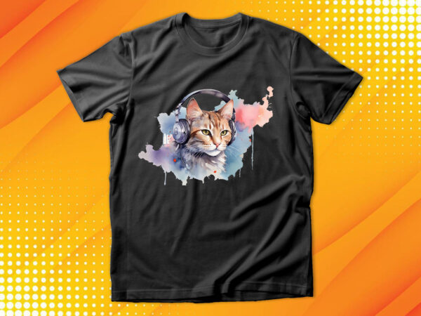 Watercolor cat listening a music t shirt design for sale