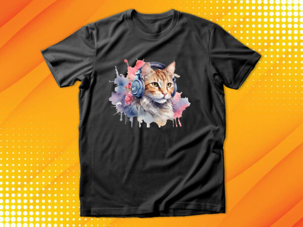 Watercolor cat listening a music t shirt design for sale