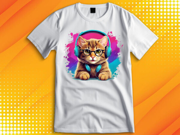 Cute cat wearing glasses and headset t shirt vector file