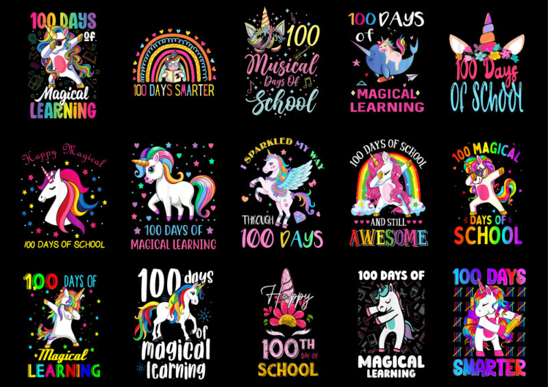 15 Unicorn 100 Days Of School Shirt Designs Bundle P18, Unicorn 100 Days Of School T-shirt, Unicorn 100 Days Of School png file, Unicorn 100