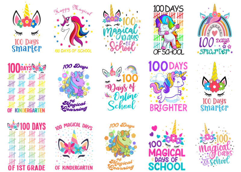 15 Unicorn 100 Days Of School Shirt Designs Bundle P20, Unicorn 100 Days Of School T-shirt, Unicorn 100 Days Of School png file, Unicorn 100