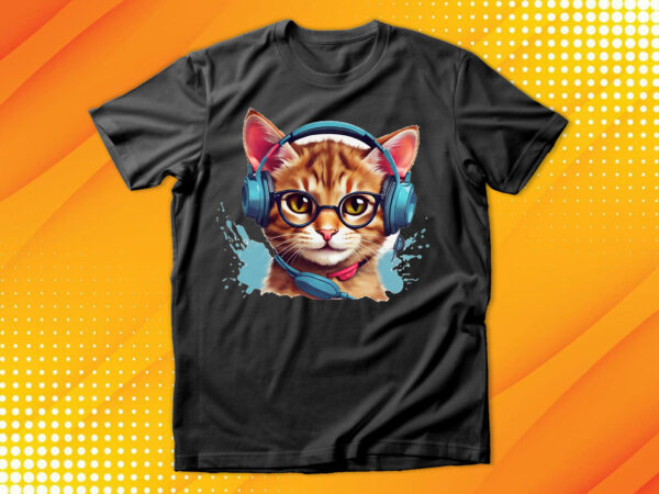 Cute cat wearing glasses and headset t shirt vector file