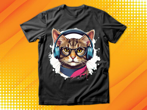 Cute cat wearing glasses and headset t shirt vector file