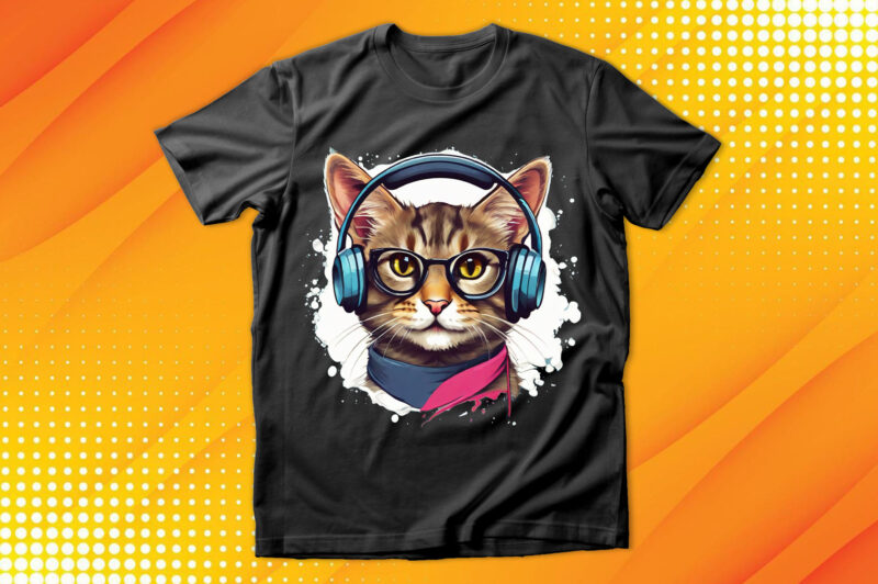 Cute cat wearing glasses and headset