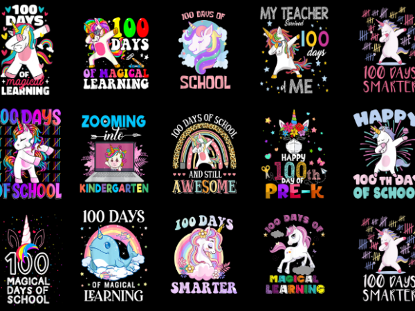 15 unicorn 100 days of school shirt designs bundle p3, unicorn 100 days of school t-shirt, unicorn 100 days of school png file, unicorn 100