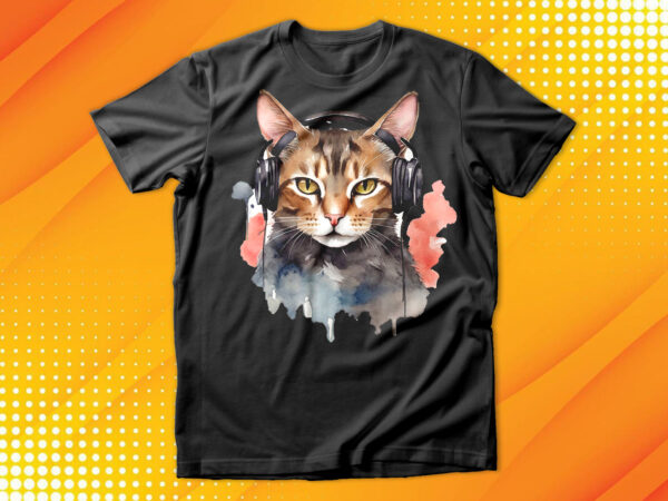 Watercolor cat listening a music t shirt design for sale