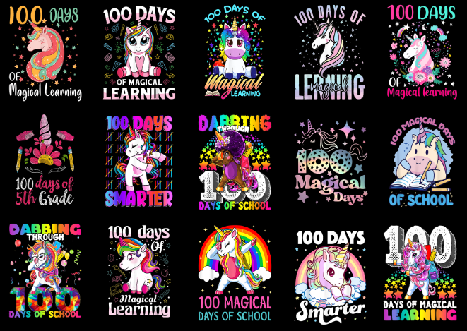 15 Unicorn 100 Days Of School Shirt Designs Bundle P4, Unicorn 100 Days Of School T-shirt, Unicorn 100 Days Of School png file, Unicorn 100