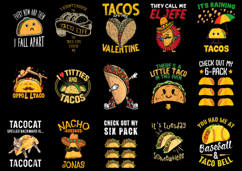 15 Taco Shirt Designs Bundle P4, Taco T-shirt, Taco png file, Taco digital file, Taco gift, Taco download, Taco design