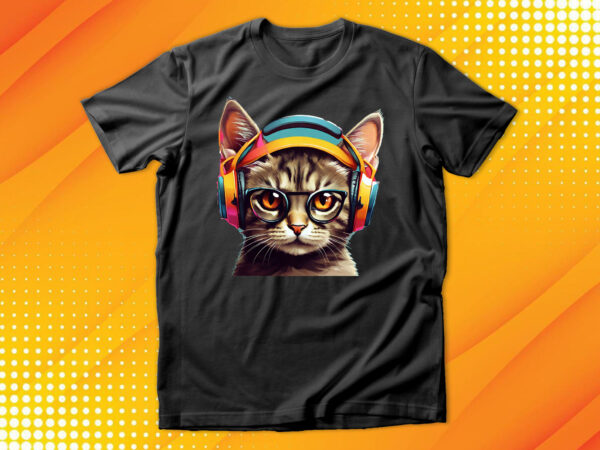 Cute cat wearing glasses and headset t shirt vector file