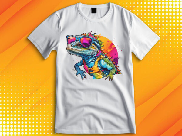 Funny colorful lizard with sunglasses t shirt graphic design