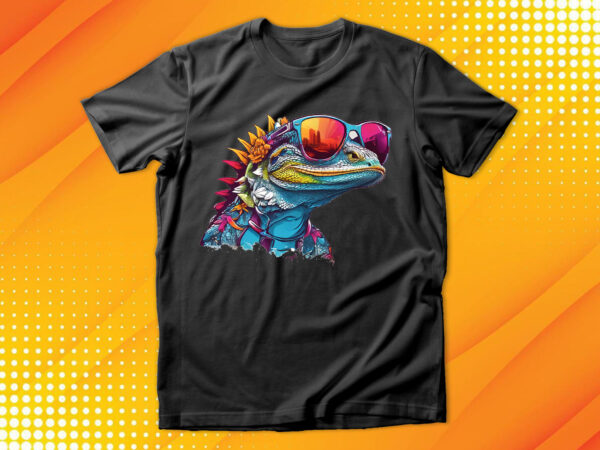 Funny colorful lizard with sunglasses t shirt graphic design