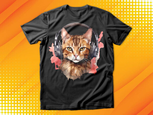 Watercolor cat listening a music t shirt design for sale