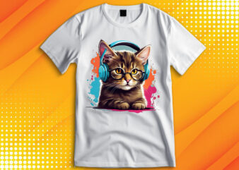 Cute cat wearing Glasses and Headset t shirt vector file