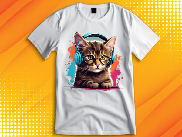 Cute cat wearing glasses and headset t shirt vector file