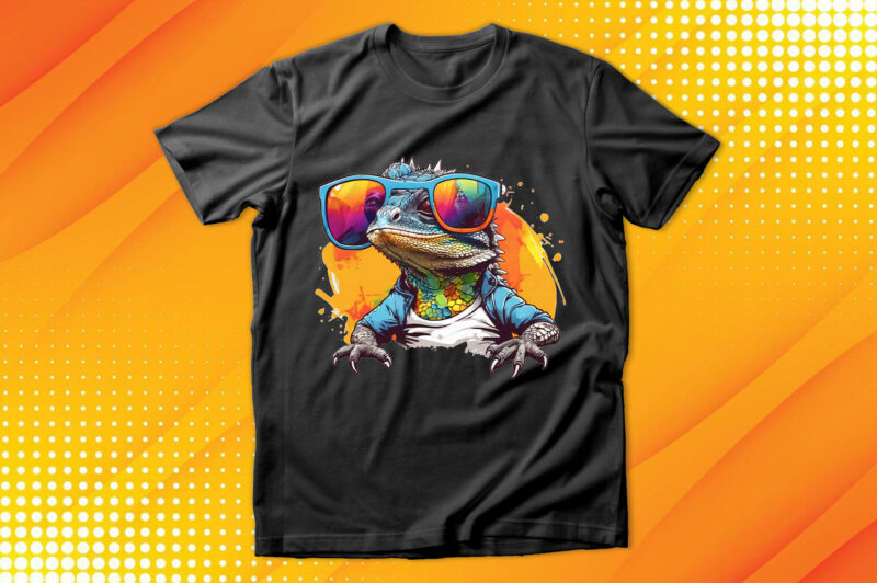 Funny colorful lizard with sunglasses