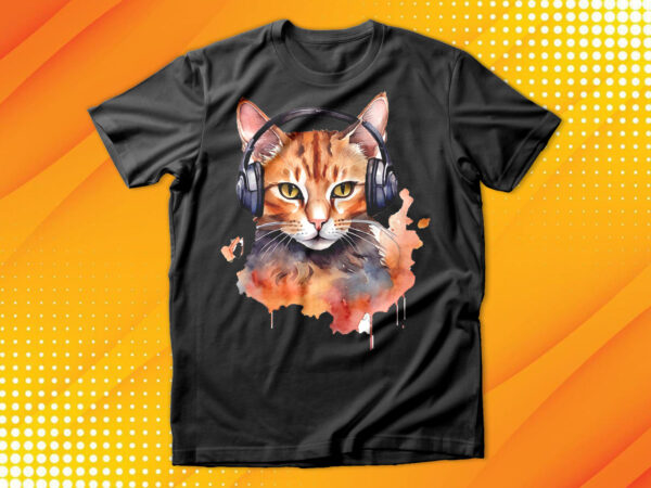 Watercolor cat listening a music t shirt design for sale