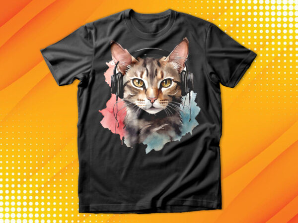 Watercolor cat listening a music t shirt design for sale