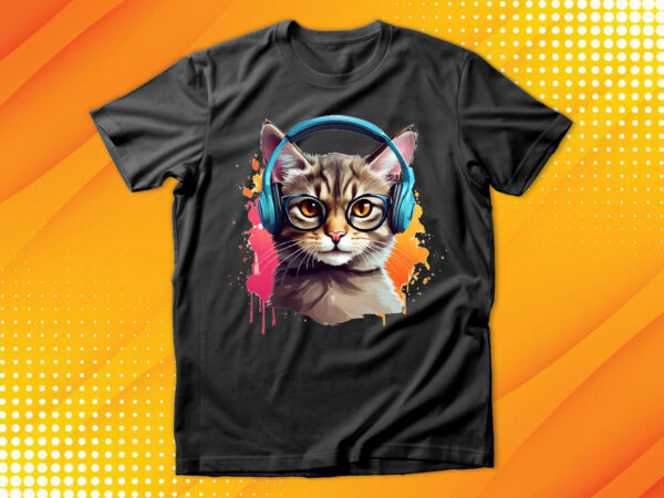 Cute cat wearing glasses and headset t shirt vector file